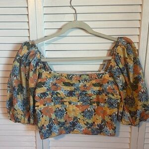 Abercrombie & Fitch Floral Puff Sleeve Crop Top - Blue, Yellow, Orange